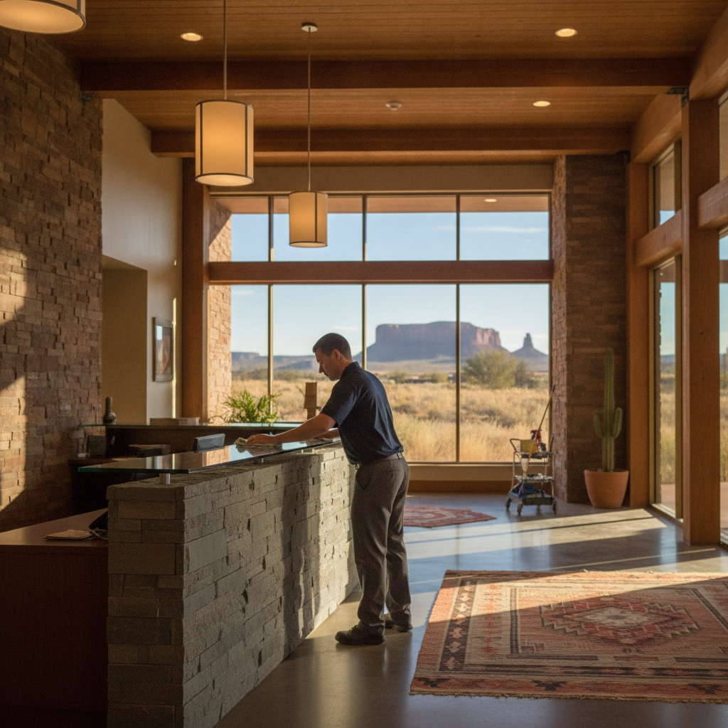 Uniformed cleaning staff member polishing a modern office lobby in Northern Arizona