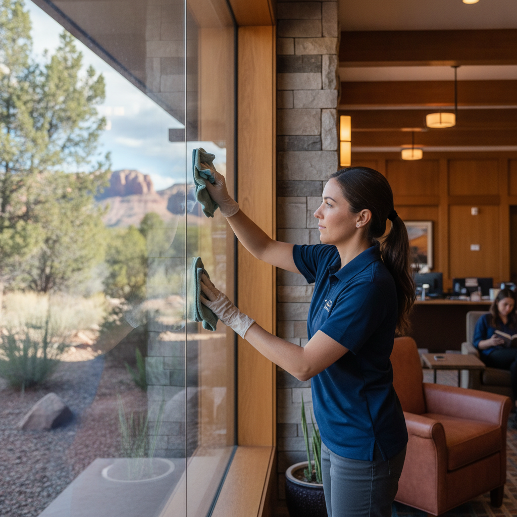 Cleaning staff wiping down a glass office partition to a streak-free finish